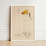 Framed Artwork Stylized Nude Figure Expressive Pose Delicate Egon Schiele’s Provocative World, Tantalizing Art Print, Women Embracing