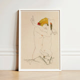 Framed Artwork Stylized Nude Figure Expressive Pose Bold Egon Schiele’s Provocative World, Tantalizing Art Print, Women Embracing
