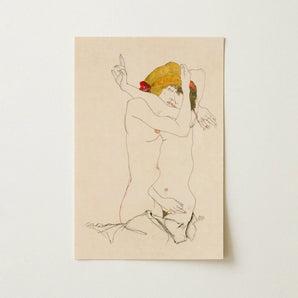 Two Nude Women Embracing - Egon Schiele Art Print / Canvas Delicate Line Cream-colored Paper Depicts Figure Arms Schiele’s Provocative