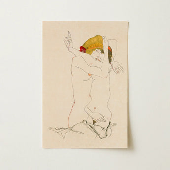 Two Nude Women Embracing - Egon Schiele Art Print / Canvas Delicate Line Cream-colored Paper Depicts Figure Arms Schiele’s Provocative