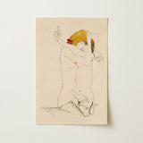 Two Nude Women Embracing - Egon Schiele Art Print / Canvas Delicate Line Cream-colored Paper Depicts Figure Arms Schiele’s Provocative