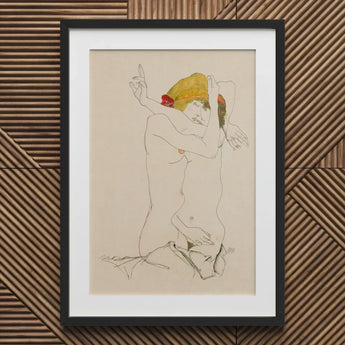 Two Nude Women Embracing - Egon Schiele Art Print / Canvas Framed Artwork Stylized Figure Dynamic Pose Lines Schiele’s Provocative World,
