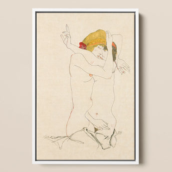 Two Nude Women Embracing - Egon Schiele Art Print / Canvas Framed Artwork Stylized Figure Expressive Pose Lines Schiele’s Provocative
