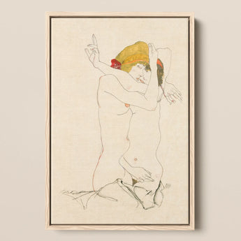 Two Nude Women Embracing - Egon Schiele Art Print / Canvas Framed Artwork Stylized Figure Intimate Pose Lines Schiele’s Provocative World,
