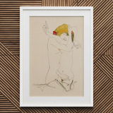 Two Nude Women Embracing - Egon Schiele Art Print / Canvas Framed Artwork Stylized Figure Yellow Headwrap Red Schiele’s Provocative World,
