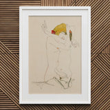Two Nude Women Embracing - Egon Schiele Art Print / Canvas Framed Artwork Stylized Figure Yellow Headwrap Red Schiele’s Provocative World,