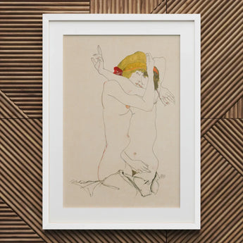 Two Nude Women Embracing - Egon Schiele Art Print / Canvas Framed Artwork Stylized Figure Yellow Headwrap Red Schiele’s Provocative World,