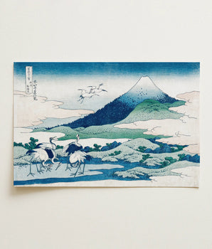Traditional Japanese Woodblock Print Snow-capped Mountain Cranes Flight Katsushika Hokusai, Sagami Province, Mount Fuji, Umezawa Manor,