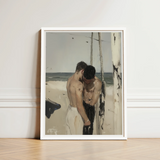 White-framed Art Print Two Shirtless Men Beach Rendered Cruising Gay Erotica
