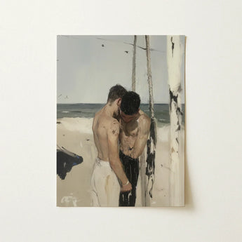 Undertow - Cruising Gay Erotica Art Print / Canvas Beige Black Painted Two Shirtless Men Beach, Prints