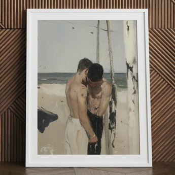 Undertow - Cruising Gay Erotica Art Print / Canvas White Framed Beach Scene Two Men, Prints