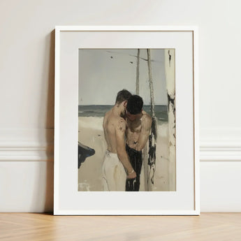Undertow - Cruising Gay Erotica Art Print / Canvas White Framed Two Shirtless Men Beach, Prints