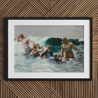 Undertow - Winslow Homer Art Print / Canvas Black-framed Artwork Dramatic Maritime Rescue Scene Figures Turbulent Dark Teal Wave, Gathers,