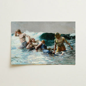 Undertow - Winslow Homer Art Print / Canvas Dramatic Oil Painting Three Men Turbulent Ocean Dark Teal Wave, Gathers, Four Figures Locked,