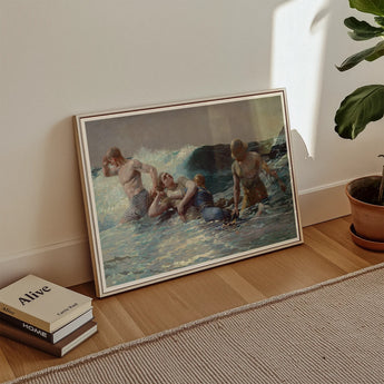 Undertow - Winslow Homer Art Print / Canvas Framed Dramatic Maritime Scene Figures Turbulent Dark Teal Wave, Gathers, Four Locked, Surf’s