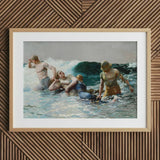 Undertow - Winslow Homer Art Print / Canvas Framed Painting Dramatic Ocean Rescue Scene Encased Light Dark Teal Wave, Gathers, Four Figures