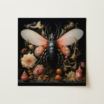 Surreal Black Insect Translucent Pink Wings Segmented Body Natural History, Alien, Museum, Drawer, Sits, Empty, Vanitas, Art
