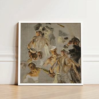 Framed Artwork Dynamic Scene Sailors Poses Rendered Earthy Navy, Joseph Christian Leyendecker, Built, Collier’s Magazine Cover, Study, Fine