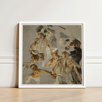 Framed Artwork Dynamic Scene Sailors Poses Rendered Earthy Navy, Joseph Christian Leyendecker, Built, Collier’s Magazine Cover, Study, Fine