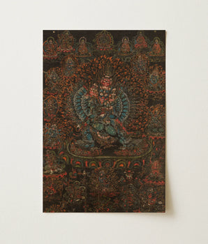 Richly Detailed Dark-toned Tibetan Buddhist Thangka Central Wrathful Art Print, Black-ground, Vajrabhairava’s Buffalo Face, Fills, Small