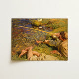 Val D’aosta a Man Fishing - John Singer Sargent Art Print / Canvas Rectangular Light-colored Clothing Hat Grass, Current, Runs, Shallow,