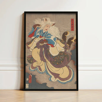 Framed Japanese Ukiyo-e Print Dynamic White-furred Fox Spirit Vampire Cat, Utagawa Kunisada