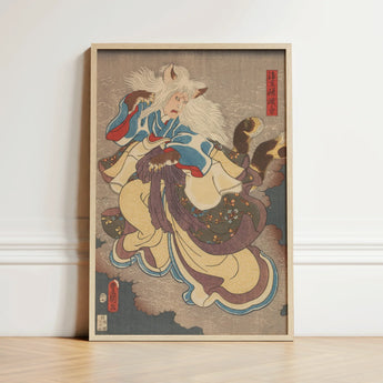 Framed Japanese Ukiyo-e Print Dynamic White-furred Fox Spirit Vampire Cat, Utagawa Kunisada