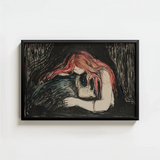 Black-framed Artwork Figure Red Hair Skull Rendered Dark Blood-red Pours, Edvard Munch Art Print, Carved Lines
