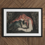 Vampire - Edvard Munch Art Print / Canvas Black White Framed Artwork Red-haired Woman Knees Blood-red Hair Pours, Carved Lines Prints