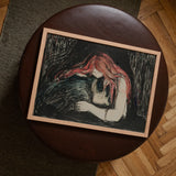 Vampire - Edvard Munch Art Print / Canvas Framed Artwork Stylized Figure Red Hair Skull Rendered Blood-red Pours, Carved Lines Prints