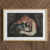 Vampire - Edvard Munch Art Print / Canvas Wooden Framed Artwork Red-haired Woman Black Figure Blood-red Hair Pours, Carved Lines Prints