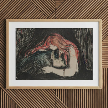 Vampire - Edvard Munch Art Print / Canvas Wooden Framed Artwork Red-haired Woman Black Figure Blood-red Hair Pours, Carved Lines Prints