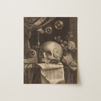 Monochromatic Engraved Life Print Detailed Human Skull Atop Art, British 17th Century, Wall