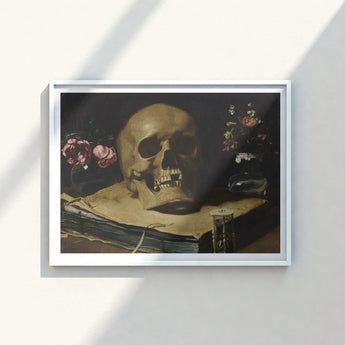 Framed Reproduction Classical Life Painting Detailed Human Skull Guercino’s Amber Chiaroscuro, Rests, Weathered Folio