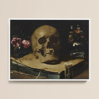 Vanitas Still Life with a Skull Atop Book - Guercino Art Print / Canvas Detailed Dark-toned Painting Human Skull Open Book Roses Guercino’s