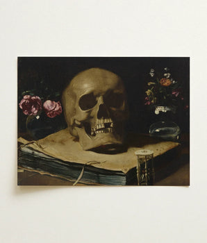 Detailed Oil Painting Human Skull Open Book Flanked Guercino’s Amber Chiaroscuro, Rests, Weathered Folio