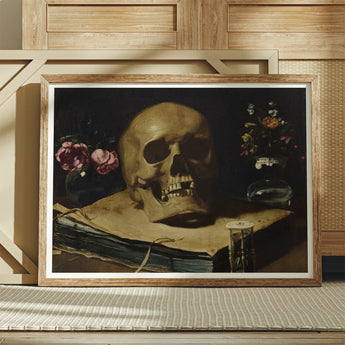 Vanitas Still Life with a Skull Atop Book - Guercino Art Print / Canvas Framed Dark Painting Books Flowers Guercino’s Amber Chiaroscuro,