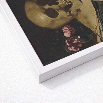 Vanitas Still Life with a Skull Atop Book - Guercino Art Print / Canvas Framed Golden Deep Pink Roses Guercino’s Amber Chiaroscuro, Rests,