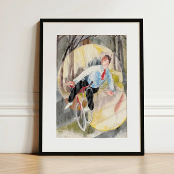 In Vaudeville the Bicycle Rider - Charles Demuth Art Print / Canvas Watercolor Painting Black Frame Man Light Blue Shirt, Distills, Single