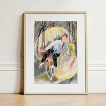 In Vaudeville the Bicycle Rider - Charles Demuth Art Print / Canvas Watercolor Painting Light Wood Frame Man Blue Shirt, Distills, Single