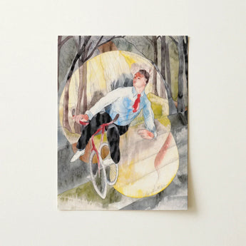 In Vaudeville the Bicycle Rider - Charles Demuth Art Print / Canvas Watercolor Painting Man Light Blue Shirt Red Tie, Distills, Single