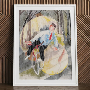 In Vaudeville the Bicycle Rider - Charles Demuth Art Print / Canvas Watercolor Painting White Frame Depicts Man Light Blue, Distills,
