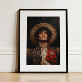 Victor - Gay Matador Art Print / Canvas Black-framed Portrait Man Ornate Gold-embellished Attire Wide-brimmed, Victor’s Electric Presence,