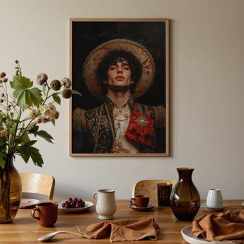Victor - Gay Matador Art Print / Canvas Framed Portrait Man Ornate Dark Gold-embroidered Attire Wide-brimmed, Victor’s Electric Presence,