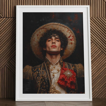 Victor - Gay Matador Art Print / Canvas Framed Portrait Man Ornate Darkly Embroidered Attire Gold, Victor’s Electric Presence, Obliterates