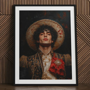 Victor - Gay Matador Art Print / Canvas Framed Portrait Man Ornate Darkly Embroidered Attire Gold, Victor’s Electric Presence, Obliterates