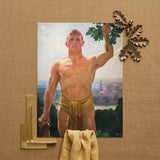 The Victor - Osmar Schindler Art Print / Canvas Framed Oil Painting Muscular Man Golden Loincloth Green, Positions, High Ground, Panoramic