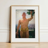 The Victor - Osmar Schindler Art Print / Canvas Framed Painting Muscular Man Golden Loincloth Green Leaves, Positions, High Ground,