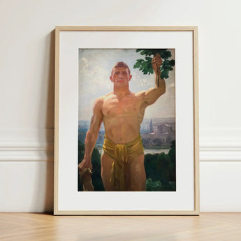 The Victor - Osmar Schindler Art Print / Canvas Framed Painting Muscular Man Golden Loincloth Green Leaves, Positions, High Ground,