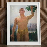 The Victor - Osmar Schindler Art Print / Canvas Framed Painting Muscular Man Golden Loincloth Green Leaves, Positions, High Ground,